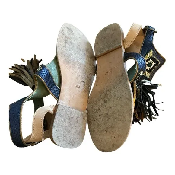 Meher Kakalia Sofia Thong Sandal Sz EU 38 US 7 Leather Tassel Embellished Beaded